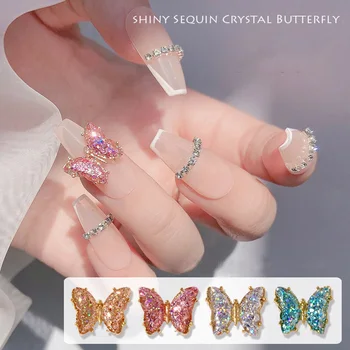10 бр/пакет Аврора Блясък Crystal Butterfly Дизайн на Нокти, Декорации Сплав Диамант и Планински Кристал Чар Метал Блестящи Скъпоценни Камъни Маникюр Част S2