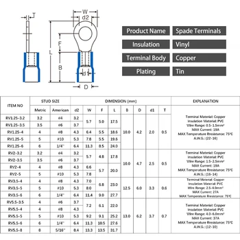 100ШТ RV2-3.2/4/5/6/8/10 Конектор за 1.5-2.5мм2 кримпване на пръстени ПВК терминал електрически, сопрягая 16-14АВГ на сондата проводници с медни изолация