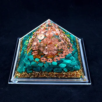 13 см. * 8 см, Ръчно изработени Зелен Малахит Orgon Пирамида Кристални Сферата С Енергийната Медна Оргоном Изцеление Седемте Чакри Кула За Медитация