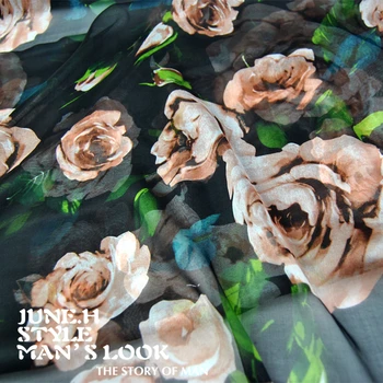 2017 Черна рамка, голяма роза, от шифон чиста коприна, лятото и пролетта рокля, пола, тъканно плат