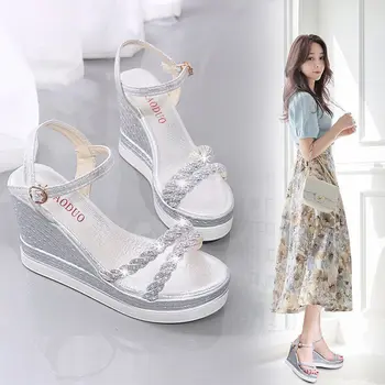 2019 г., дамски сандали на платформа и танкетке, дамски обувки на висок ток, Модни дамски обувки с регулируема Каишка и катарама, удобни