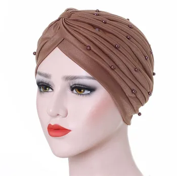 2020 памук твърди гънки перлата на мюсюлманския шал-тюрбан женски ислямски вътрешен. → шапки Арабската наметало на главата femme musulman turbante mujer