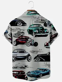 2021 Мъжка Риза с Къс Ръкав и Ревери Голям Размер с 3D Принтом Car elements Мъжка Риза с Джобове