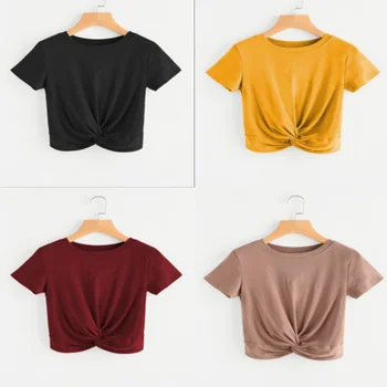 2021 Нова Дамски Однотонная тениска с кръгло деколте и Къси Ръкави, Завязанная Възел, 4 Цвята, 4 Размера