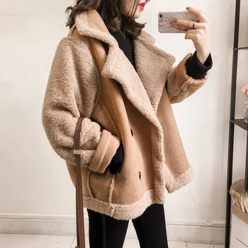 2021 женски есенно-зимно палто от овча вълна агнешко месо, кожа цели удебелена сако, Дамско ежедневното топло палто оверсайз s ~ 4XL