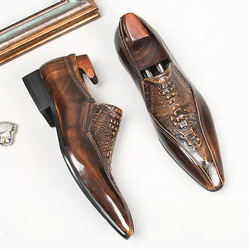 2022 Мъжки модел обувки От естествена лачена кожа, модерен Слипоны с Крокодиловым петна, Кафяви, Черни Луксозни обувки са Ръчна изработка От естествена Кожа