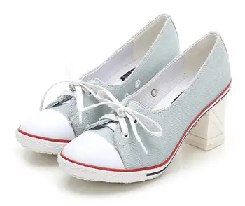 2022 Обувки-лодка от плат деним с Високо качество, дамски обувки с отворени пръсти, Парусиновая студентски обувки на висок ток 8 см, Женска нови обувки, размер 34-41