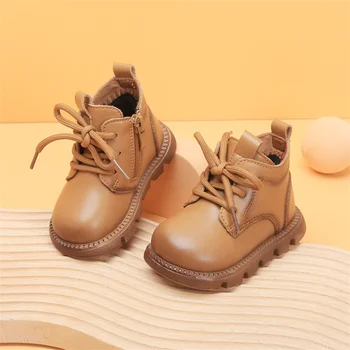 2022 г., Нови есенно-зимни детски обувки За момчета, Кожени Бебешки ботильоны на кратък меху, мека подметка, модни детски обувки за деца