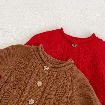 2022 есента на детски дрехи от памук за малки момичета, вязаный пуловер с листа на лотос, жилетка, модерно детско палто
