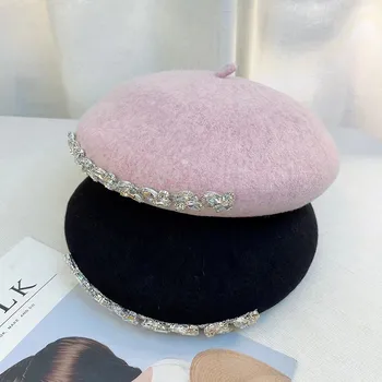 202209-xx дропшиппинг зимни Дебела висококачествена вълнена кристали и блестящ дамски шапка-барета дамски шапка на художник за почивка