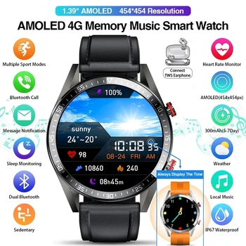 2023 Новите смарт часовници с 454*454 AMOLED екран, винаги които показват време, bluetooth-предизвикателство, местната музика, умни часовници за мъже, Слушалки TWS