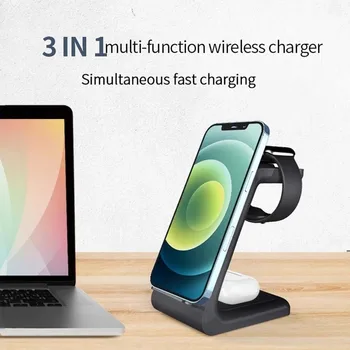 3 в 1 зарядно устройство, Безжична 15 Вата Бързо зарядно устройство ще захранване на Поставка с Док-станция за iPhone 13/12/11/8 Pro Max AirPods Apple iWatch 7 6 5 Samsung