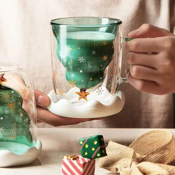 300 мл Коледно Дърво Желание Стъклена Чаша с Двойна Анти-Обжигающая Стъклена Чаша за Креативна Мультяшная Звездна Чаша за Кафе, Мляко, Сок, Коледни Подаръци