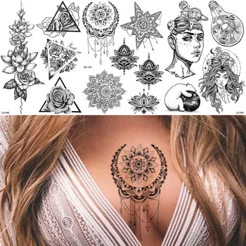 3D Секси Геометрични Временни Татуировки За Жени, Момичета Луната Гърдите Мандала Цвете Фалшива Татуировка с Къна Етикети САМ Татуировка На Ръката На Звездата