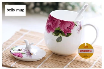 410 мл, Сладък цветен дизайн във формата на рози, термос от костен порцелан, чаша-чаша чай за една чаша, голяма чаша, с гъба и лъжица