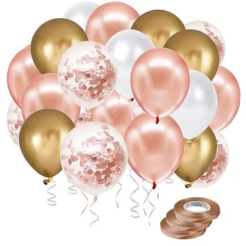 60 Опаковки Розово-златни Бели Прозрачни 12-инчов Латекс Конфети, Балони с Панделка