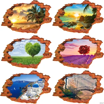 7 Вида 89*59 cm Природа пейзаж 3D Стикери За Стена С Изглед Към Дупка Изкуство Пейзаж Тапети Плаж Заключване Дърво Vinyl Рисувани Начало Декор