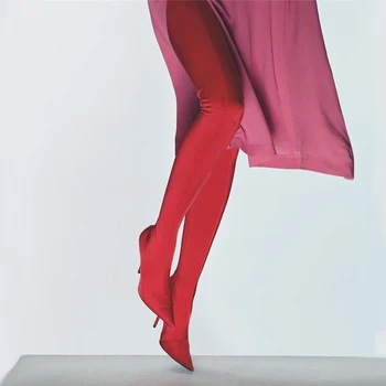 Arden Фуртадо/2022 г. демисезонные обувки с черни Дамски ботуши над коляното на висок ток с остър пръсти модни еластични ботуши с цветя
