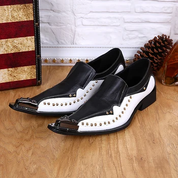Christia Bella/Модни Мъжки Обувки на Британския Стил с Метален Остър Бомбе, Черно-Бели Обувки От Естествена Кожа с Нитове, Вечерни Обувки за Мъже