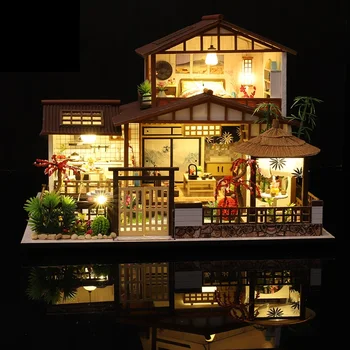 DIY Wooden Куклена Къща Комплект Миниатюрни Японски Архитектурен Куклена Къща С Мебели на Casa Играчки за Деца Подаръци за Рожден Ден За Момичета