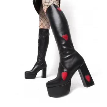 DoraTasia/ Маркова новост; Модни дамски ботуши до коляното на платформа и висок Квадратен ток; ботуши за зрели лаконичном стил с сърце; дамски обувки от 2021 г.