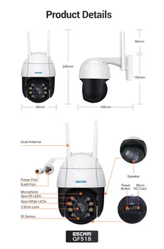 ESCAM QF518 5-МЕГАПИКСЕЛОВА PTZ Wifi IP Камера AI Гуманоидное Откриване Автоматично Следене на Външно Наблюдение на Сигурността на WiFi IP Камера Водоустойчива