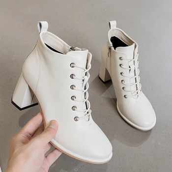 GKTINOO/женски ботильоны; Новост 2022 г.; есенни модни дамски обувки на висок ток; дамски къси ботуши от естествена кожа на дебелите ток