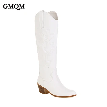 GMQM/Модни дамски обувки, ботуши до коляното, Реколта Стръмни каубойски каубойски ботуши в западен стил от велур и изкуствена кожа на не сужающемся надолу масивна ток с остър пръсти