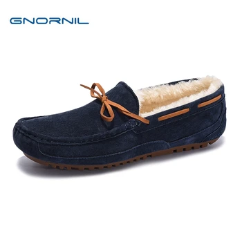 GNORNIL/2022, топли зимни мъжки мокасини на меху, Висококачествени мъжки обувки от естествена кожа върху плоска подметка, модни лоферы без закопчалка подметка
