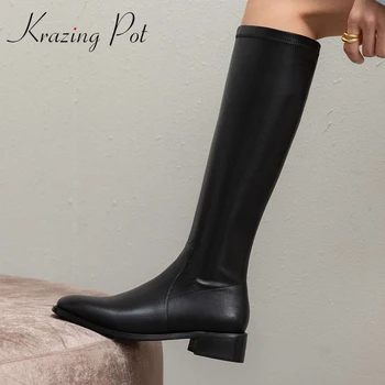 Krazing Pot/по-големи Размери, зимни Обувки от Телешка кожа, с квадратни пръсти на среден ток, водене жив топлина, европейски стил, прости Обикновена еластични Ботуши до Коляното