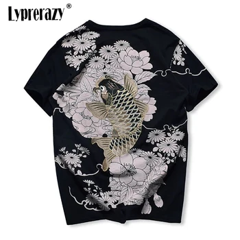 Lyprerazy Японски Harajuku Ukiyoe Реколта риза С бродерия За мъже Шаран Риба Бродерия Тениска В Китайски Стил