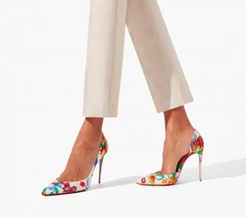 Moraima Snc/ Обувки на висок ток с флорални принтом; женски Пикантни модела обувки на тънък ток 12 см; обувки-лодка с изрезки; Офис дамски обувки