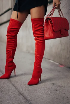 Moraima Snc/най-Новите Червени Велурени обувки на висок ток, чубрица Ботуши изработени от еластичен плат с остри пръсти, дамски Ботуши до бедрата