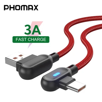 PHOMAX 0,25 М Micro USB Type C Кабел Led Светлини 90 Градуса Лакът Игри Кабел За iPad, Samsung, Huawei, Xiaomi Зареждане на Мобилен Телефон