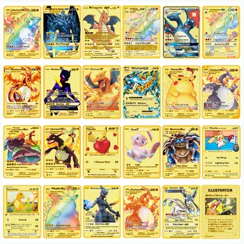 Pokemon Златна Карта Метална Игра на Карти Аниме Битка Pokemon Gold HP Английски Каартен Чаризард Пикачу Екшън Колекция от Детски Играчки
