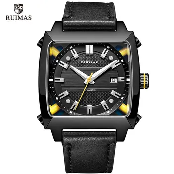 RUIMAS Луксозни Автоматични Часовници От Естествена Кожа за Мъже С Квадратен Циферблат Спортни Ръчни Механични Часовници Hour Relogios Masculino 6763G