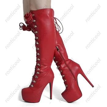 Ronticool/Нови дамски зимни ботуши до коляното на платформата с страничния цип на висок ток с кръгла пръсти, черни обувки за нощен клуб, по-големи размери САЩ 5-20