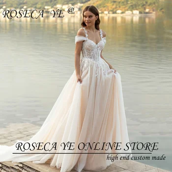 Roseca Ye Плажна Сватбена Рокля Скъпа Лейси Апликация С Открити Рамене Корсет Сватбена Рокля На Принцеса Сватбена Рокля По Поръчка