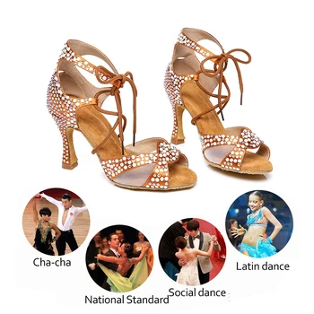 SWDZM/ Дамски танцови обувки, сатен блестящи кристали, 5 цвята, мека подметка обувки за латинските танци, обувки за танци салса, ток 5 см-8,5 см