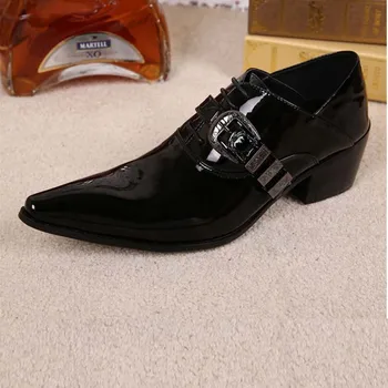 Sapato social masculino/обувки от лачена кожа с катарама; мъжки обувки от естествена кожа с остри пръсти обувки на висок ток със шнур; сватба официалната обувки