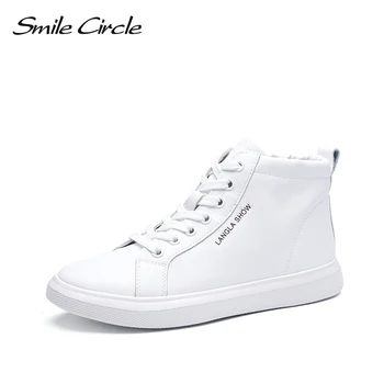 Smile Circle/2019 пролетта Бели Маратонки Дамски Обувки на равна платформа от естествена кожа; Ежедневни Дамски обувки с висок берцем