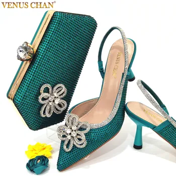 Venus Chan / Удобни обувки-лодка с Остри Пръсти, Чанта в тон зелен Цвят, Искрящи Кристали, Висококачествени Обувки за Парти по случай рождения Ден