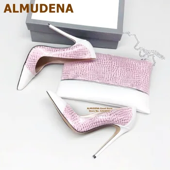 АЛМУДЕНА/Сребристо-розови обувки на висок ток с петна от змийска кожа, 12 см 10 см 8 см, с остри пръсти, Цветен шик обувки Размер 45, Директна доставка