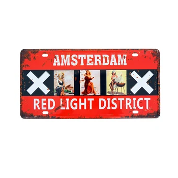 Амстердамская Табела Ретро Автомобилен Регистрационен номер Декоративна Метална Лидице Знак Бар Пъб Домашен Стенен Декор Червена Светлина Iron Плакат 15*30 см A272