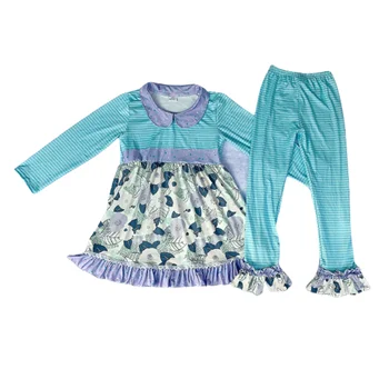 Бутиков дизайн момиче цветен принт дизайн, с дълъг ръкав покриване на задника блуза, сини райета, гамаши детски дрехи 2 бр.