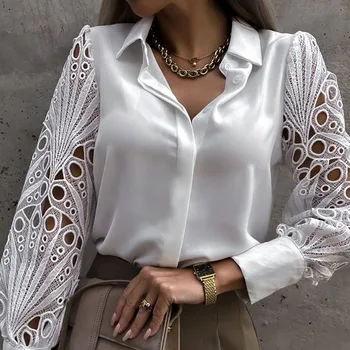 Бяла Секси Лейси Отворена Дамска Блуза 2022 Пролет Черни Реколта Ризи С Копчета Отгоре С Дълъг Ръкав Мрежест Дизайн Върховете Femme Y2k