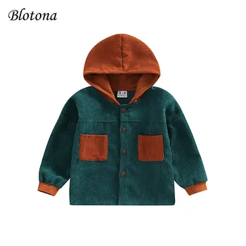Вельветовая яке Blotona Kids за по-малките момчета, Модно палто с качулка в контрастен цвят и дълъг ръкав, копчета, от 1 до 5 години