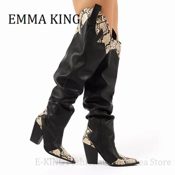 Дамски Ботуши над коляното в ковбойском стил в стил уестърн на блок ток с остър пръсти, лоскутные каубойски Ботфорты Mujer 2021 дамски зимни обувки