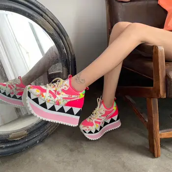 Дамски Ежедневни Обувки с Цветен Модел, Обувки На Висока Платформа, Дамски Модни Модерни Обувки На Дебелите Обувки от Естествена Кожа, Пролетен Дамски Обувки