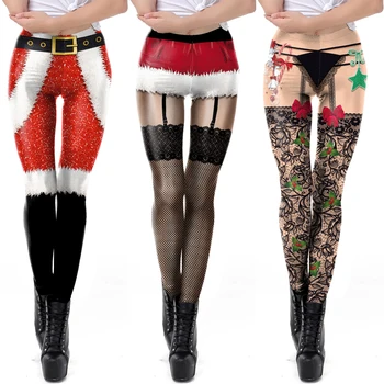 Дамски Коледни Гамаши Участък с Висока Талия, шарени лък, Дантелен колан-камбанка, Панталони с 3D принтом, Спортни Панталони